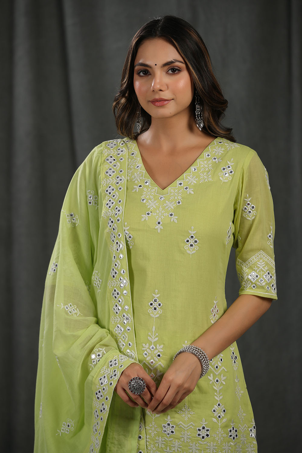 Pista Green Colour Cotton Embroidered Gharara Suit