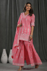 Pink Colour Cotton Embroidered Gharara Suit