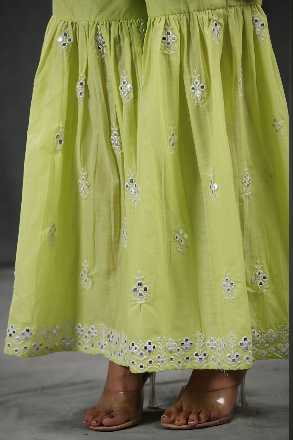 Pista Green Colour Cotton Embroidered Gharara Suit