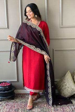 Maroon Color Muslin Suit With Contrast Dupatta
