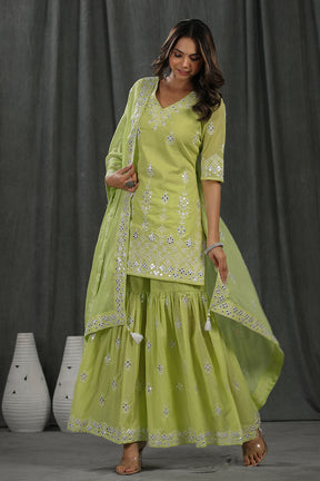 Pista Green Colour Cotton Embroidered Gharara Suit