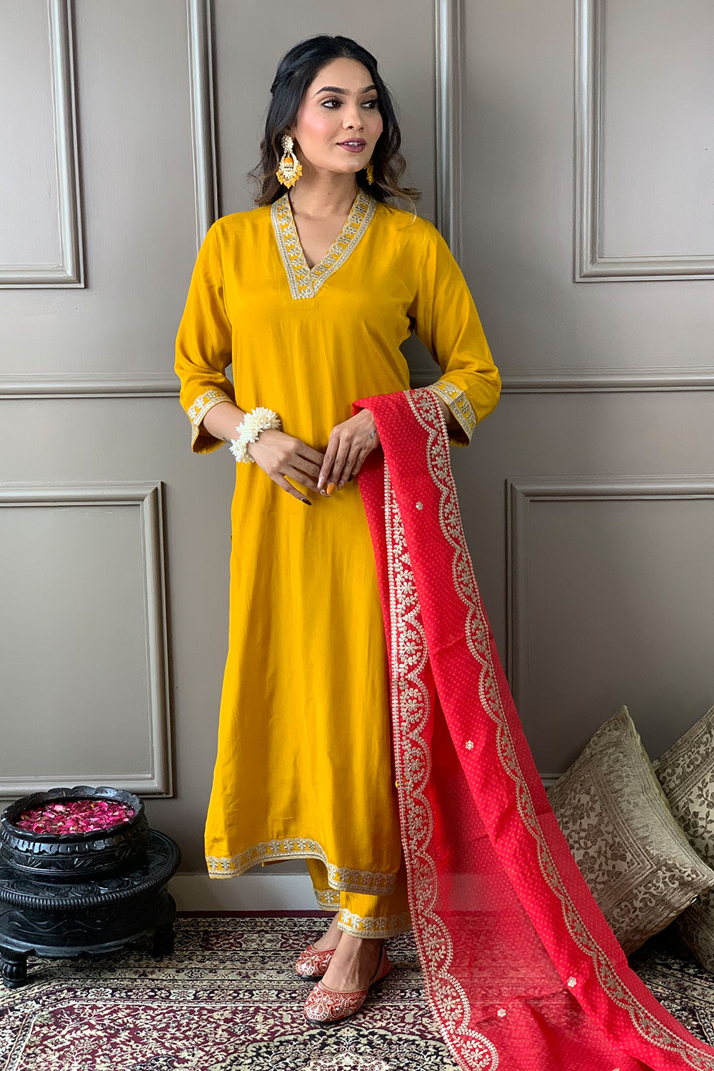 Mustard Color Muslin Suit With Contrast Dupatta