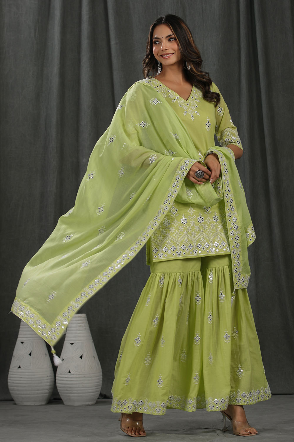 Pista Green Colour Cotton Embroidered Gharara Suit
