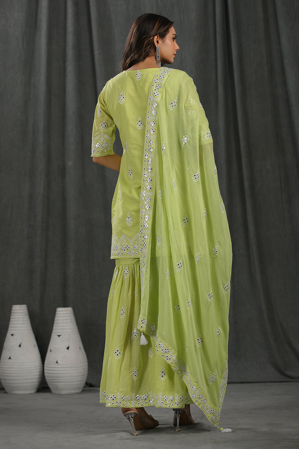 Pista Green Colour Cotton Embroidered Gharara Suit
