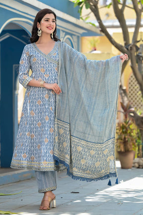 Blue Color Cotton Printed Anarkali Suit
