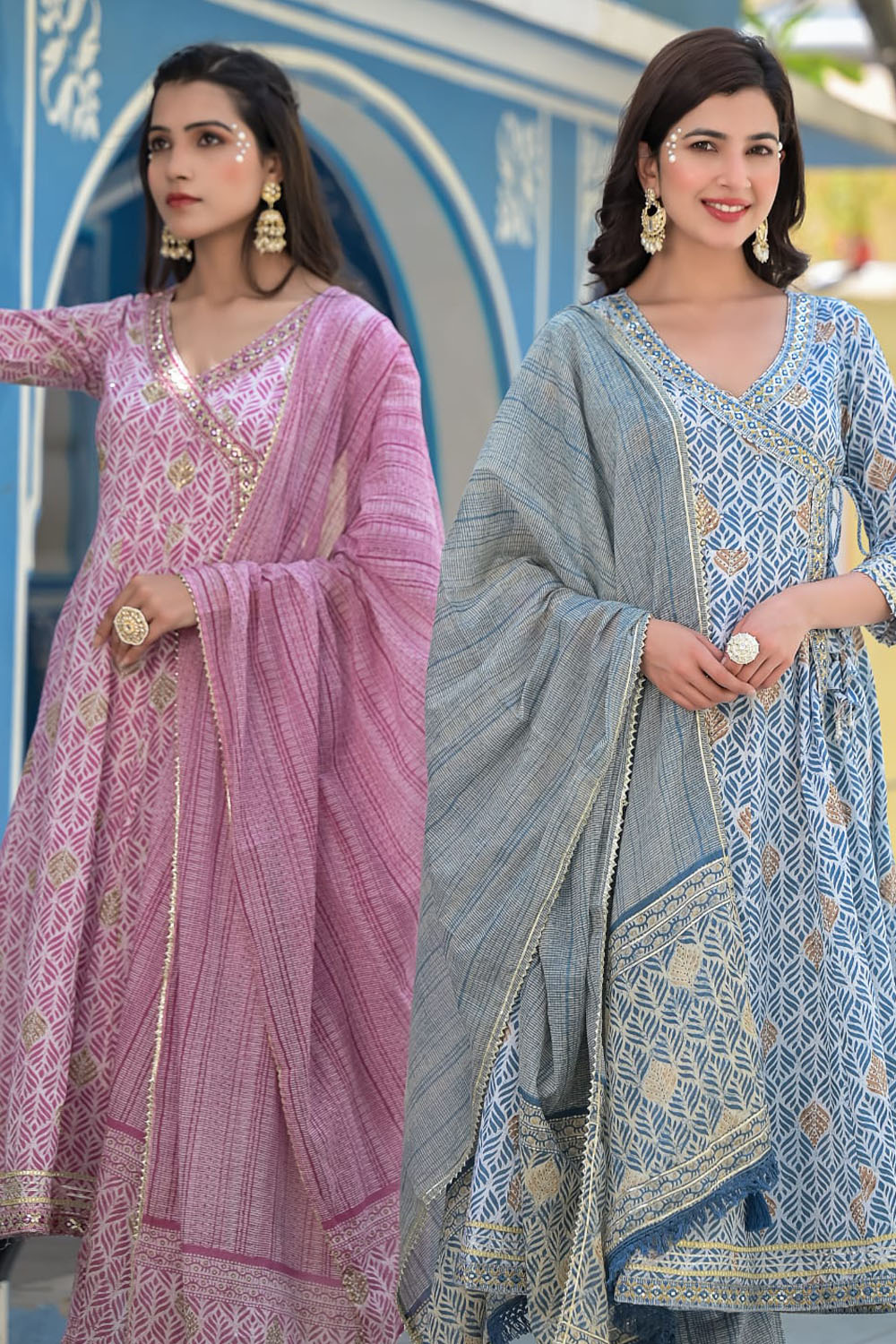 Blue Color Cotton Printed Anarkali Suit
