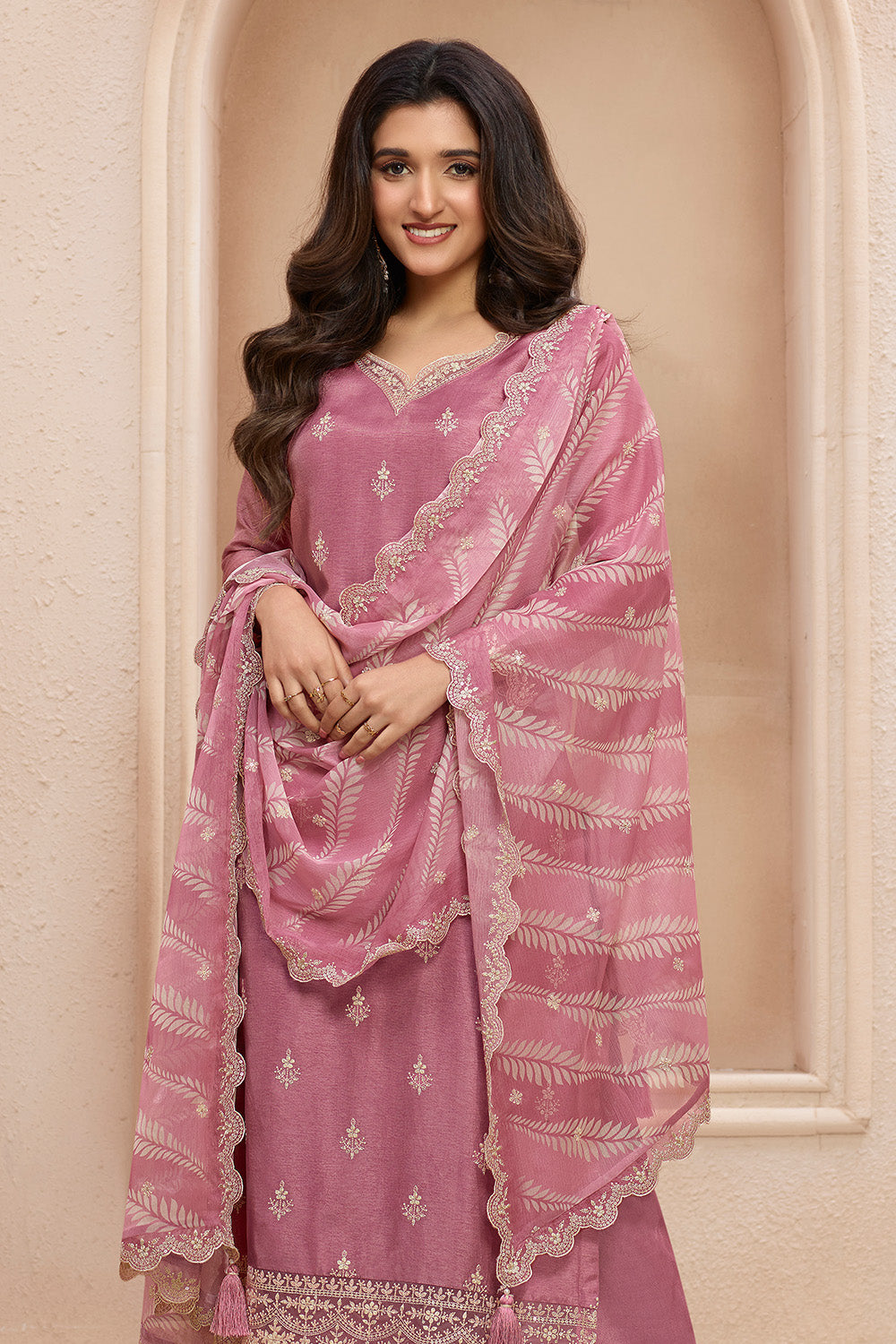 Pink Color Silk Embroidered Straight Suit