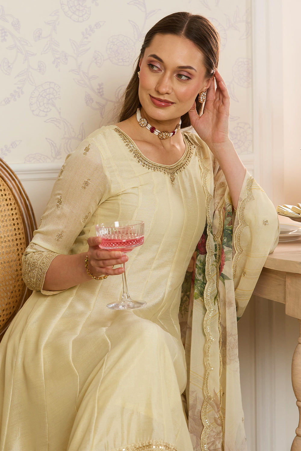 Cream Embroidered Crepe Silk Anarkali Suit