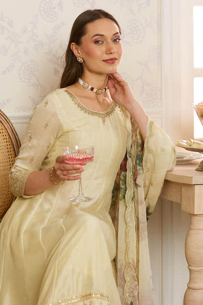 Cream Embroidered Crepe Silk Anarkali Suit