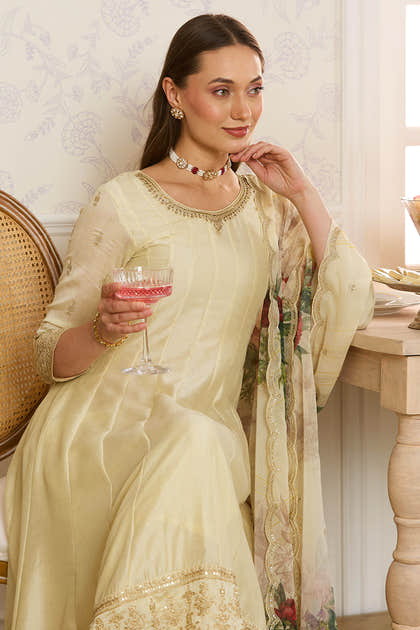 Cream Embroidered Crepe Silk Anarkali Suit