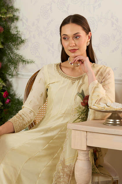 Cream Embroidered Crepe Silk Anarkali Suit