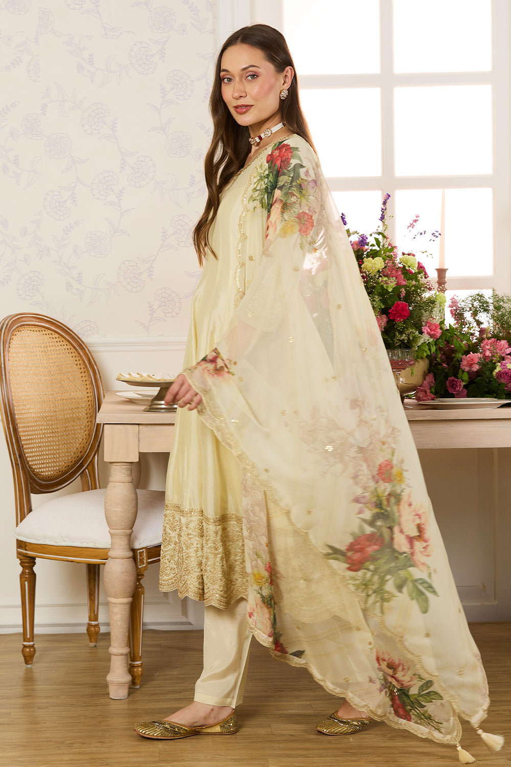 Cream Embroidered Crepe Silk Anarkali Suit