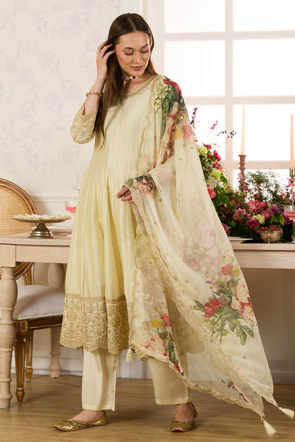 Cream Embroidered Crepe Silk Anarkali Suit