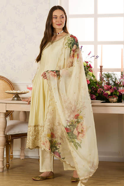 Cream Embroidered Crepe Silk Anarkali Suit