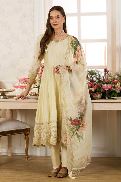 Cream Embroidered Crepe Silk Anarkali Suit