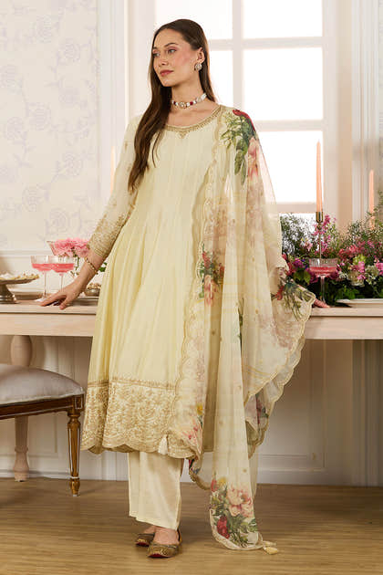 Cream Embroidered Crepe Silk Anarkali Suit