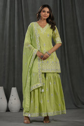 Pista Green Colour Cotton Embroidered Gharara Suit