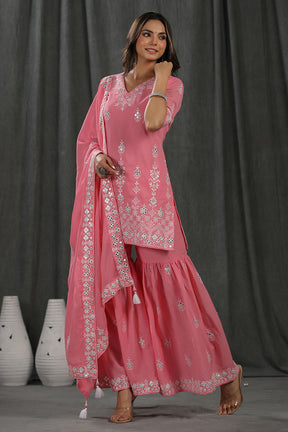 Pink Colour Cotton Embroidered Gharara Suit