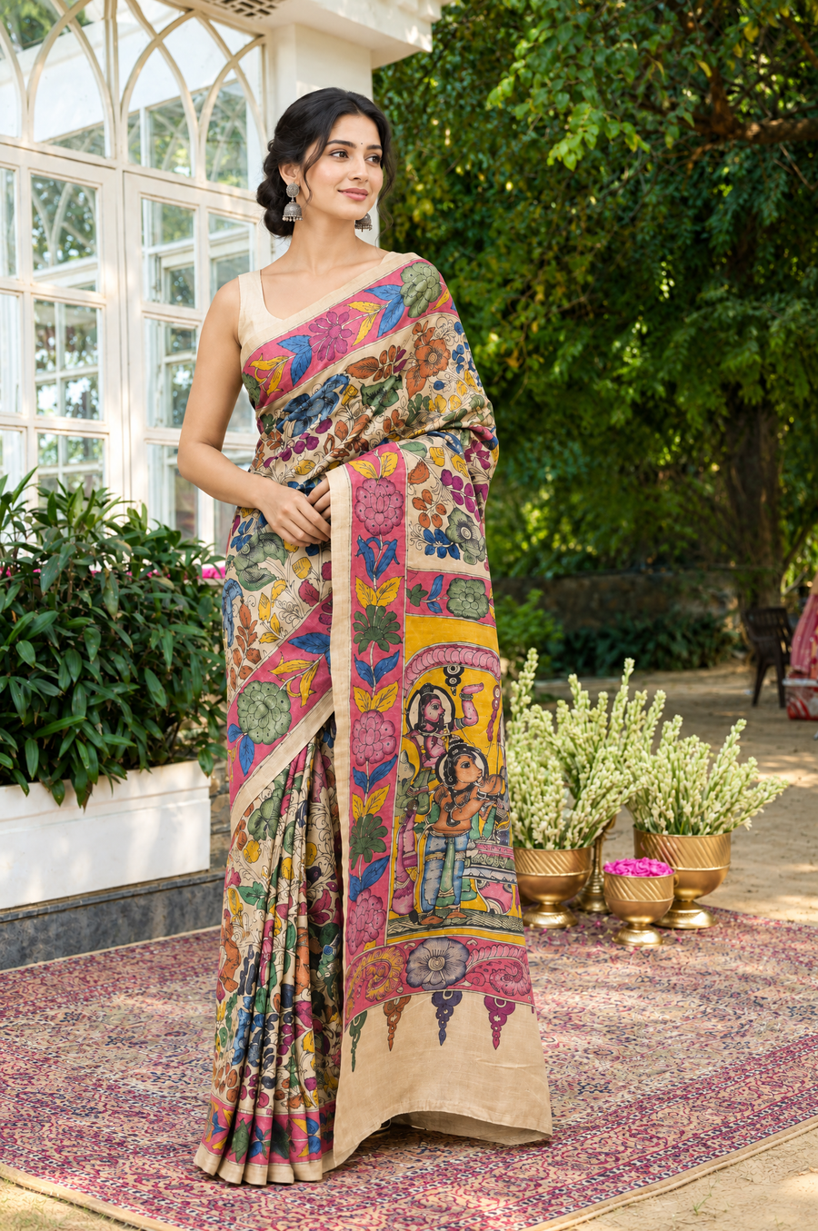 Beige Tussar Silk Pen Kalamkari Printed Saree