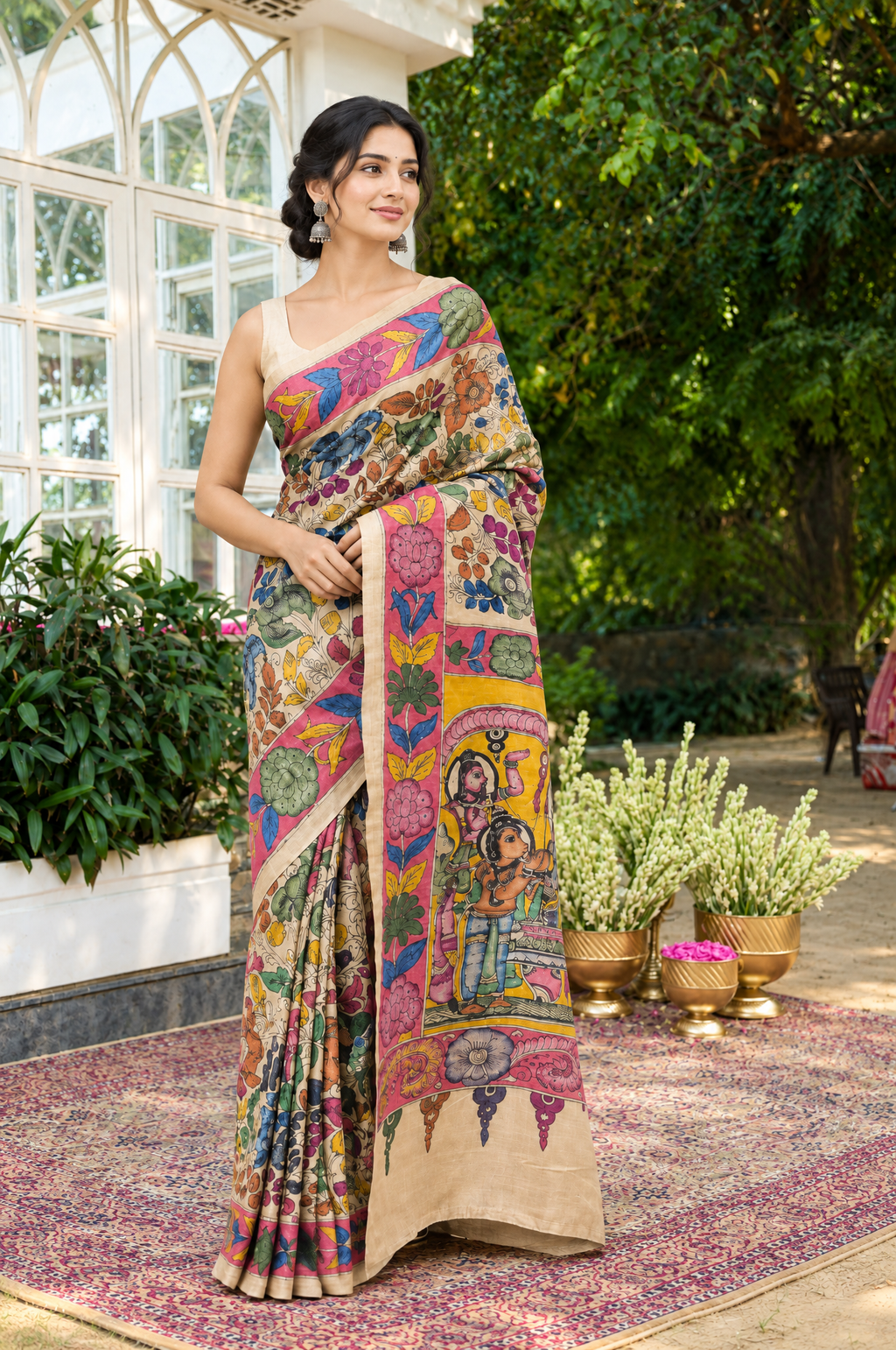 Beige Tussar Silk Pen Kalamkari Printed Saree