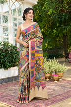 Beige Tussar Silk Pen Kalamkari Printed Saree