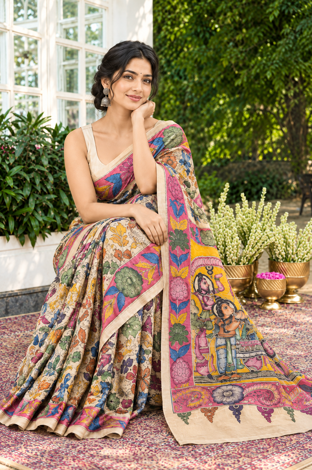 Beige Tussar Silk Pen Kalamkari Printed Saree