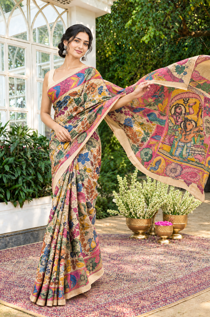 Beige Tussar Silk Pen Kalamkari Printed Saree