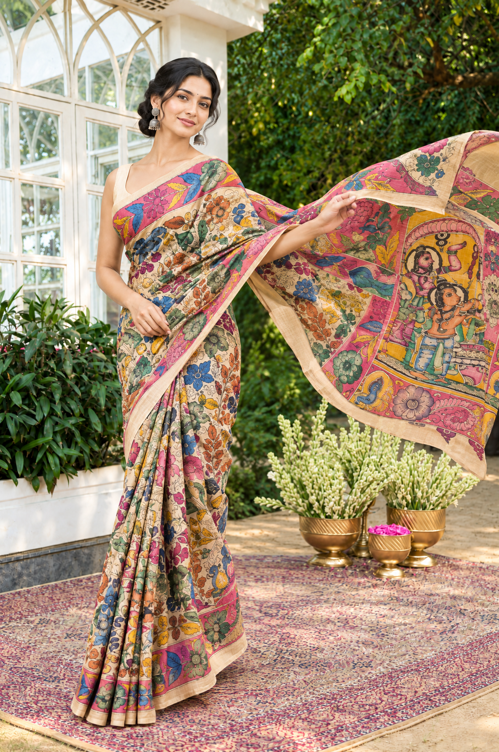 Beige Tussar Silk Pen Kalamkari Printed Saree