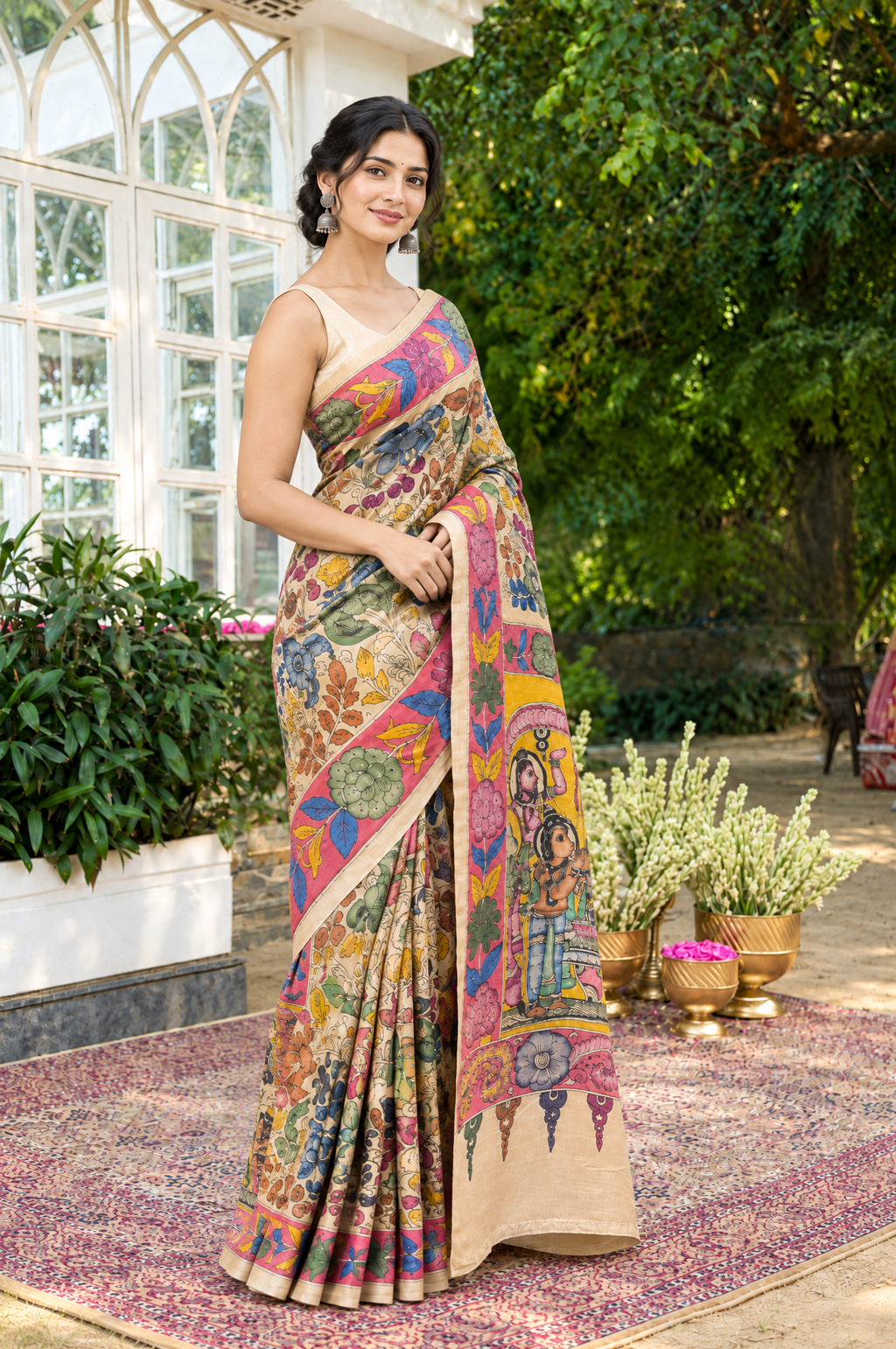 Beige Tussar Silk Pen Kalamkari Printed Saree