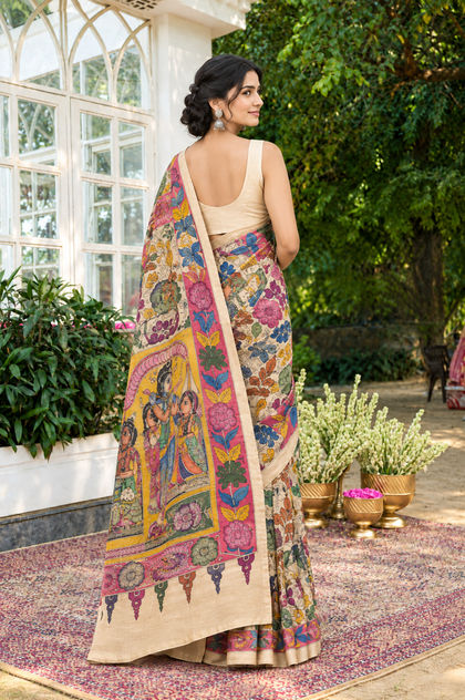 Beige Tussar Silk Pen Kalamkari Printed Saree