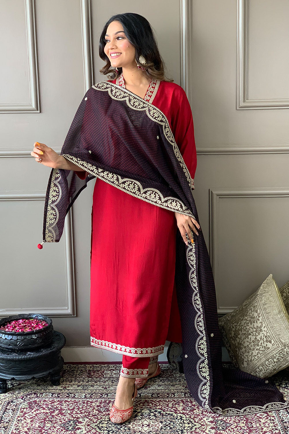 Maroon Color Muslin Suit With Contrast Dupatta