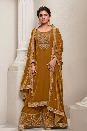 Mustard Colour Velvet Embroidered Unstitched Suit Material
