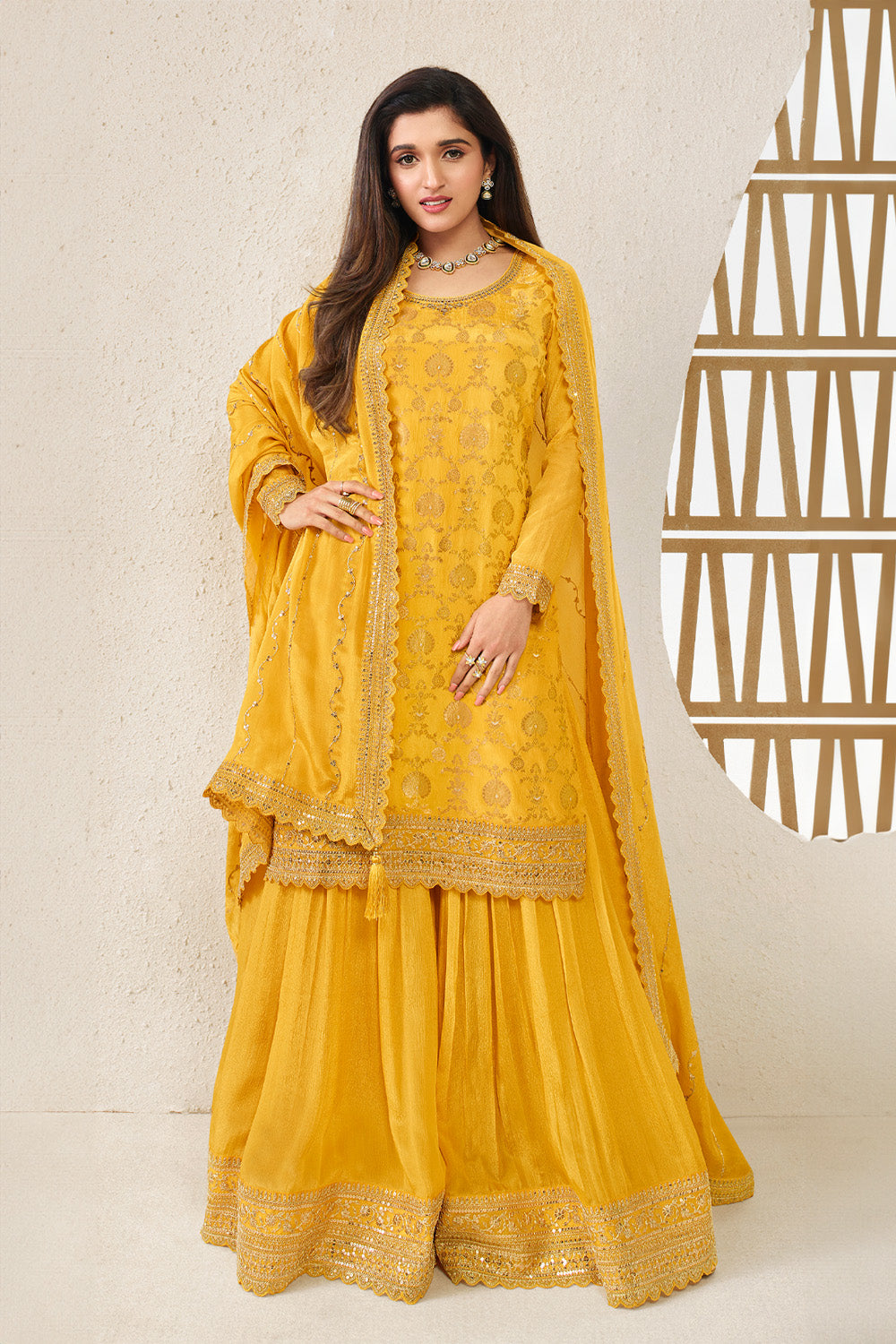 Mustard Color Crepe Woven Unstitched Suit Material With Stitched Sharara