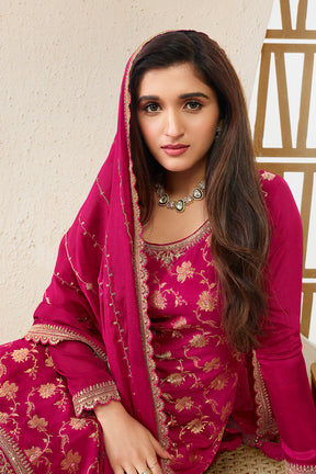 Fuchsia Pink Color Crepe Woven Unstitched Suit Material With Stitched Sharara