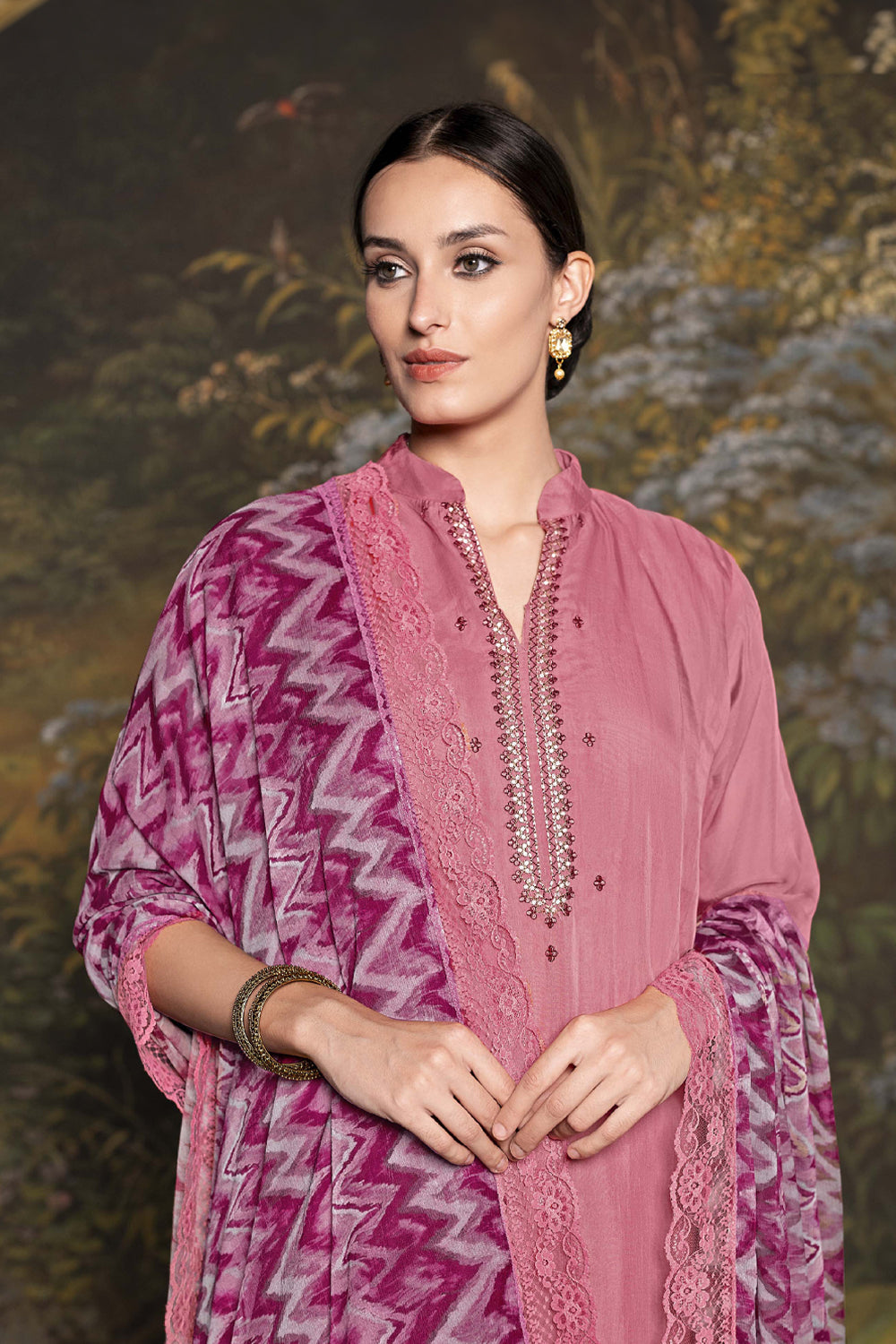 Pink Color Neck Embroidered Organza Unstitched Suit Material