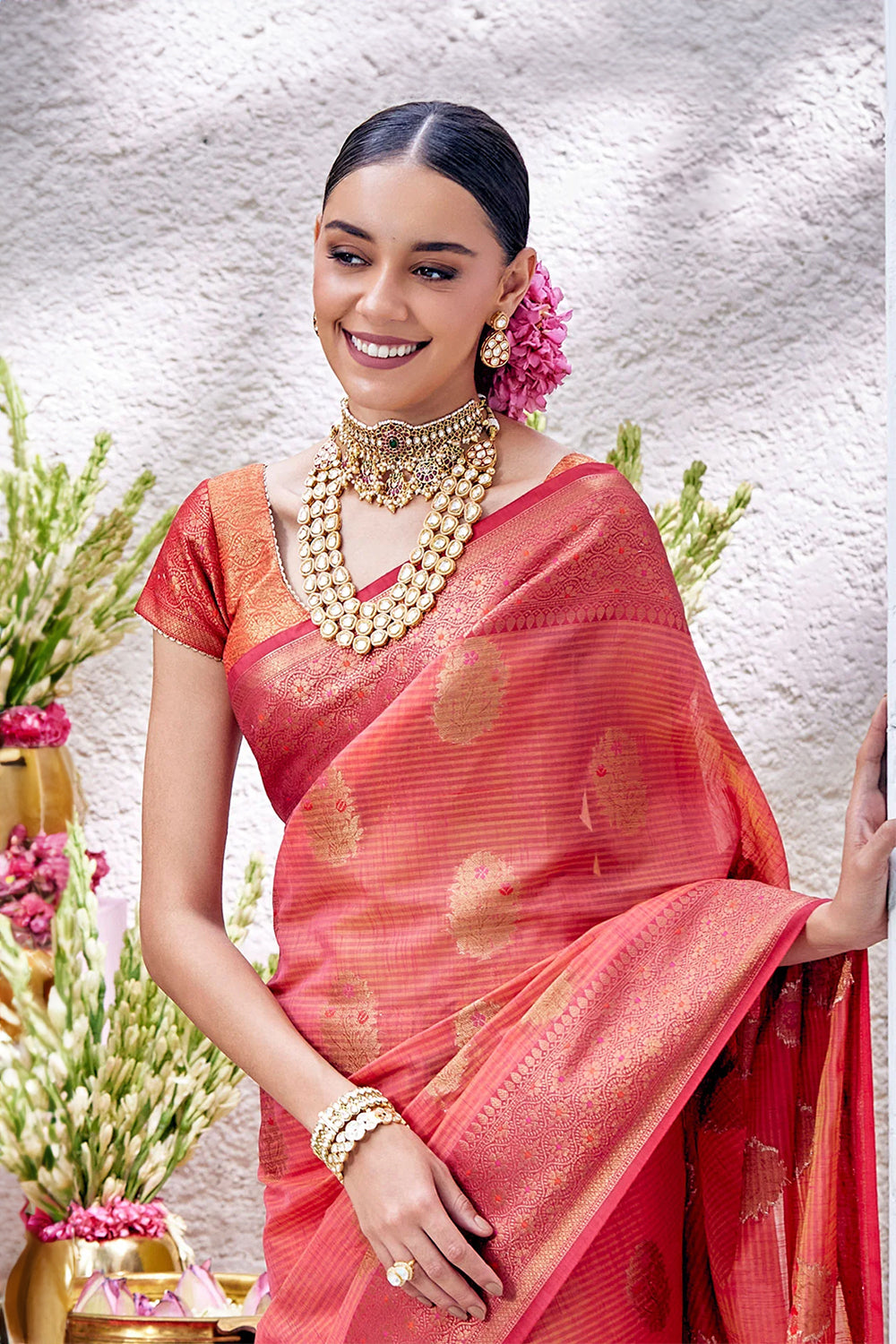 Orange Color Woven Kora Silk Saree