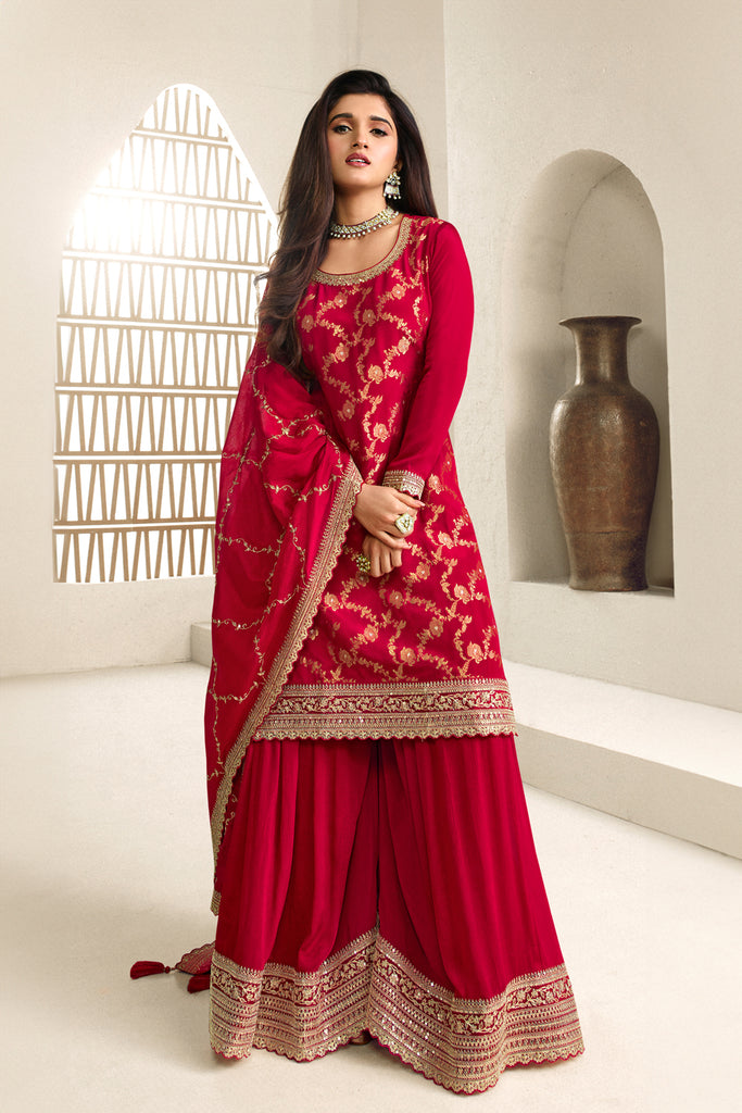 Red Color Crepe Woven Unstitched Suit Material With Stitched Sharara