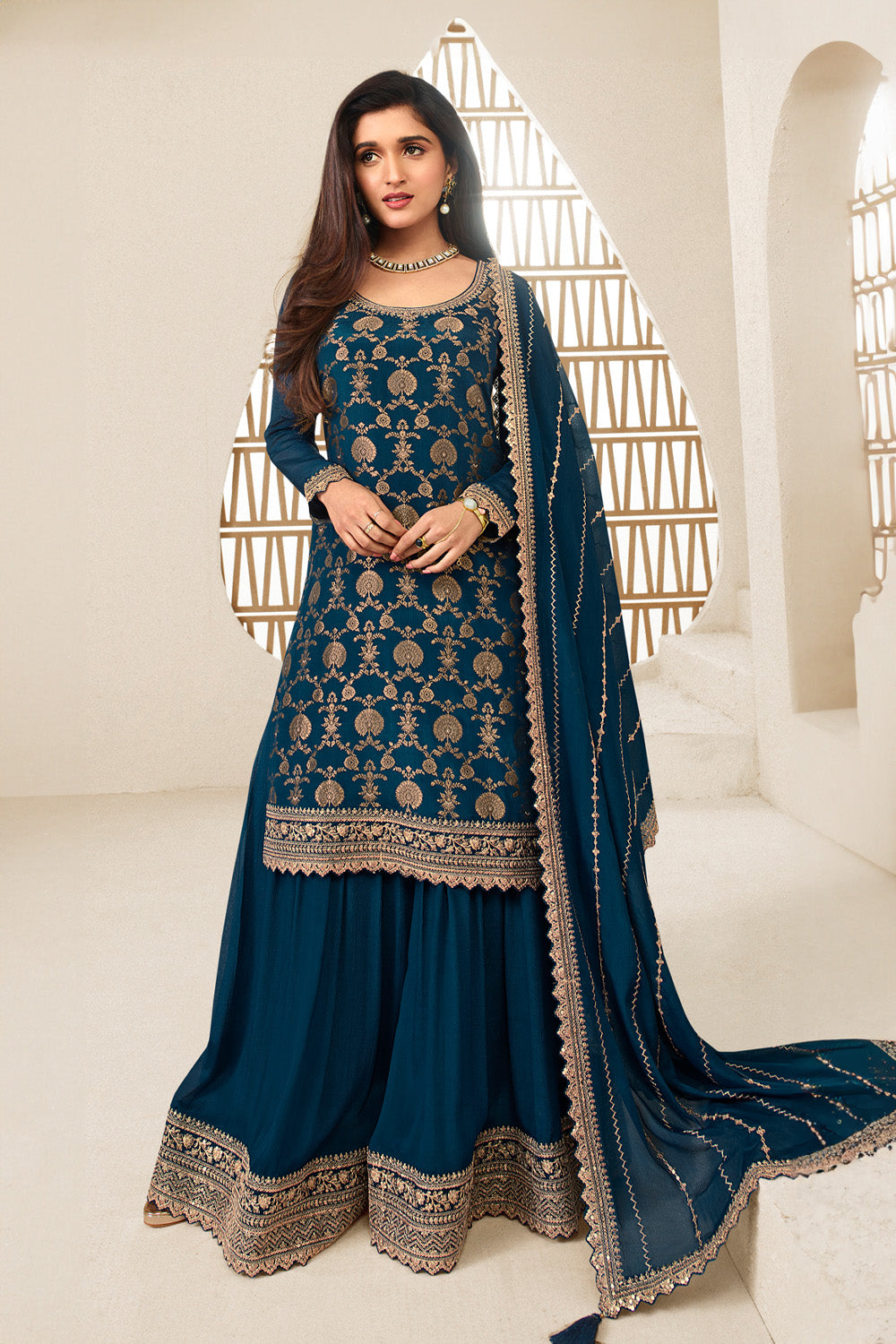 Blue Color Woven Crepe Unstitched Suit Material With Stitched Sharara