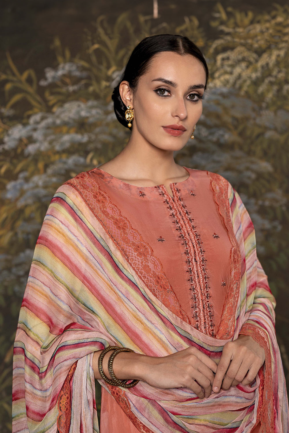 Peach Color Neck Embroidered Organza Unstitched Suit Material
