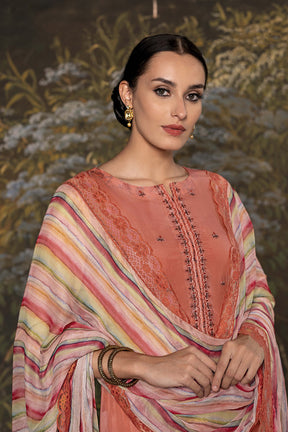 Peach Color Neck Embroidered Organza Unstitched Suit Material