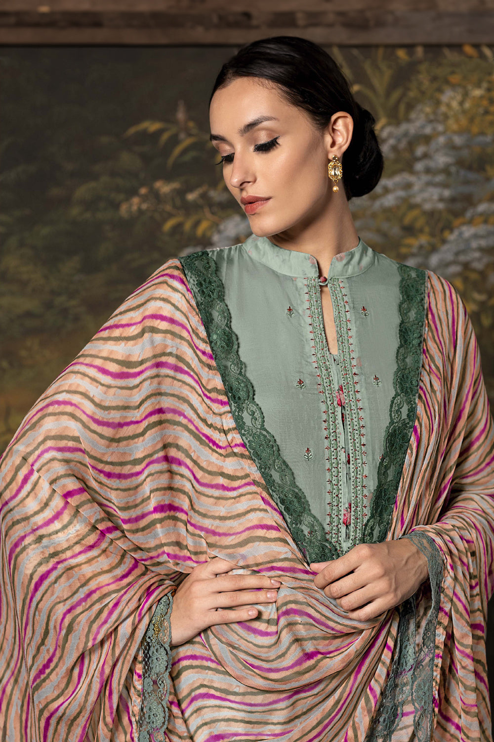 Mint Green Color Neck Embroidered Organza Unstitched Suit Material