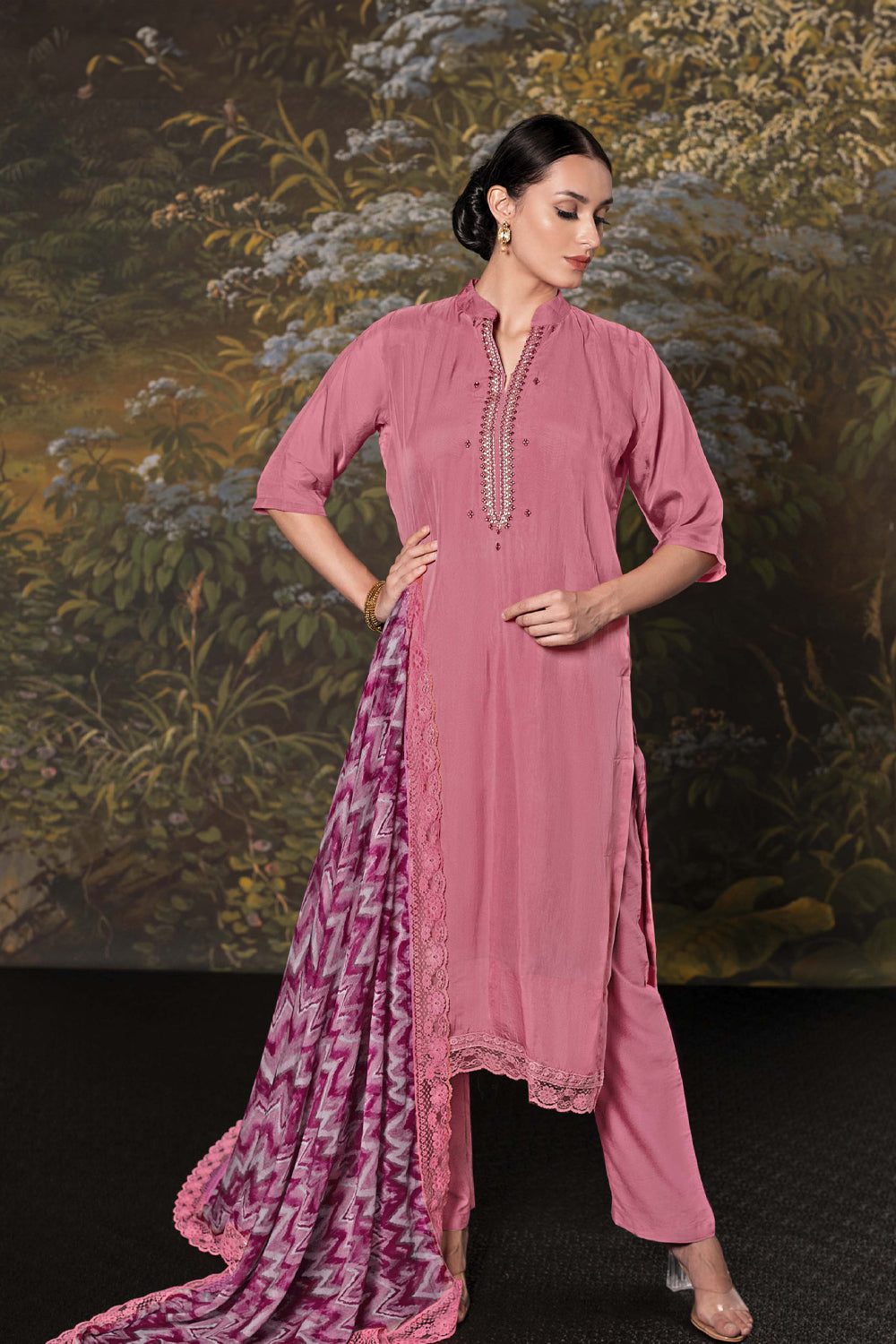 Pink Color Neck Embroidered Organza Unstitched Suit Material