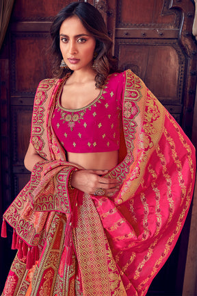 Fuchsia Pink Color Silk Embroidered Unstitched Lehenga.