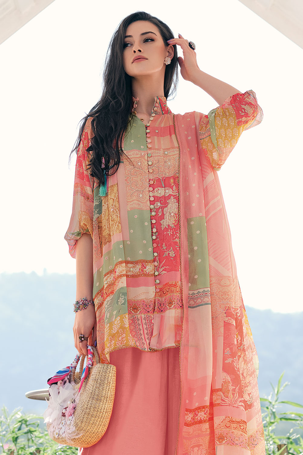 Peach Color Chiffon Crepe Printed Unstitched Suit Material