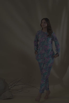Turquoise Colour Muslin Printed Co-Ord Set