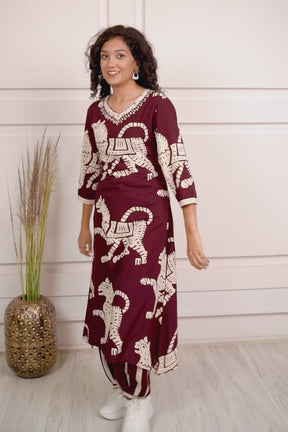 Wine Color Rayon Printed Kurta Set