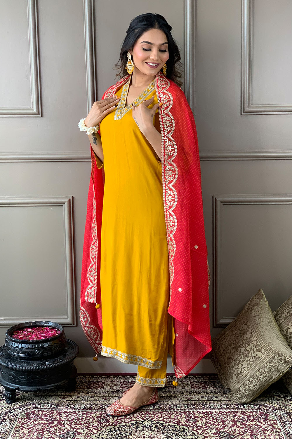 Mustard Color Muslin Suit With Contrast Dupatta