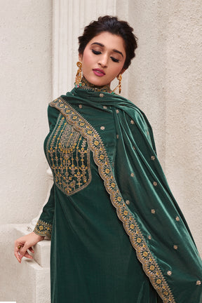 Bottle Green Color Velvet Embroidered Unstitched Suit Material
