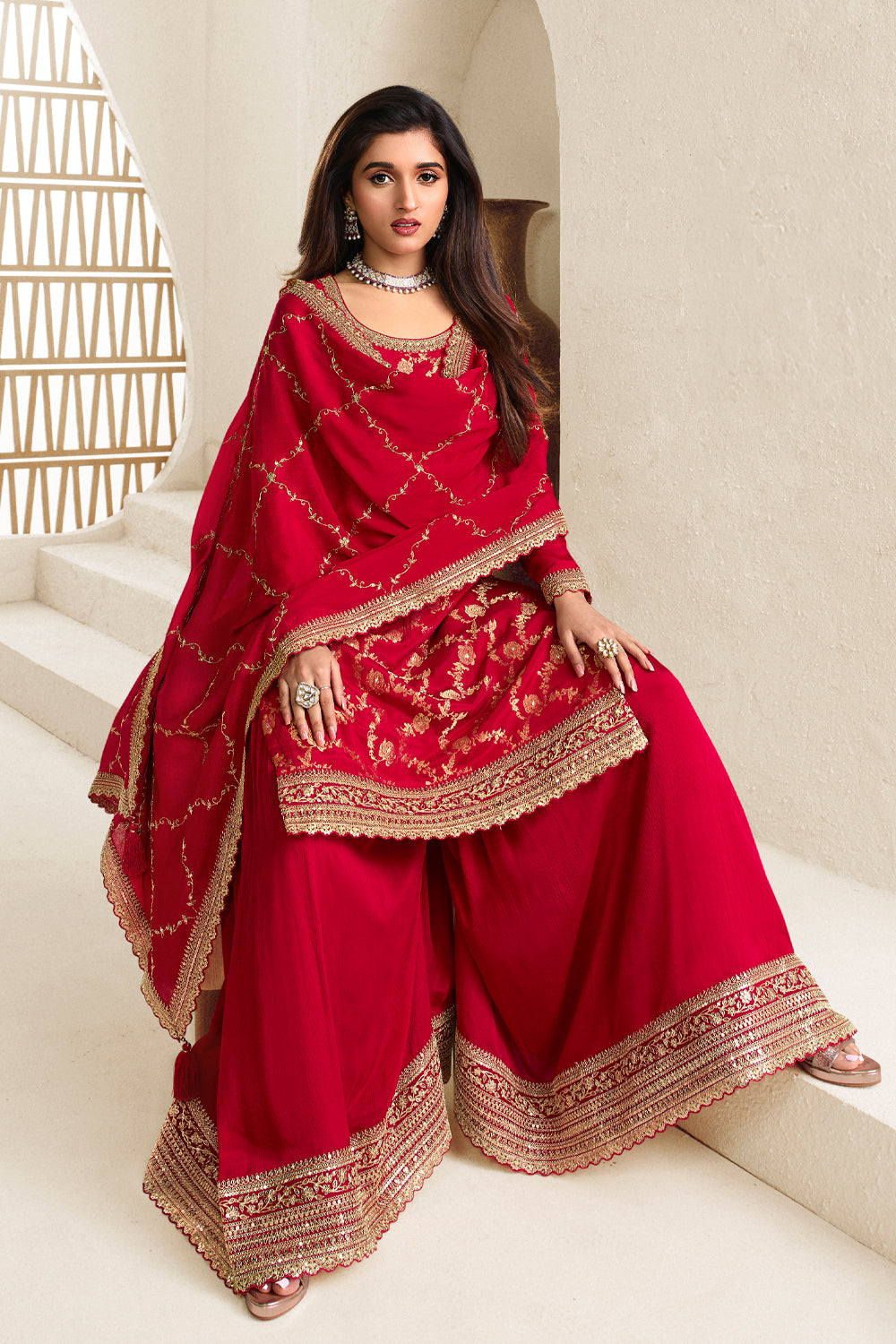 Red Color Crepe Woven Unstitched Suit Material With Stitched Sharara