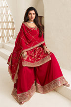 Red Color Crepe Woven Unstitched Suit Material With Stitched Sharara